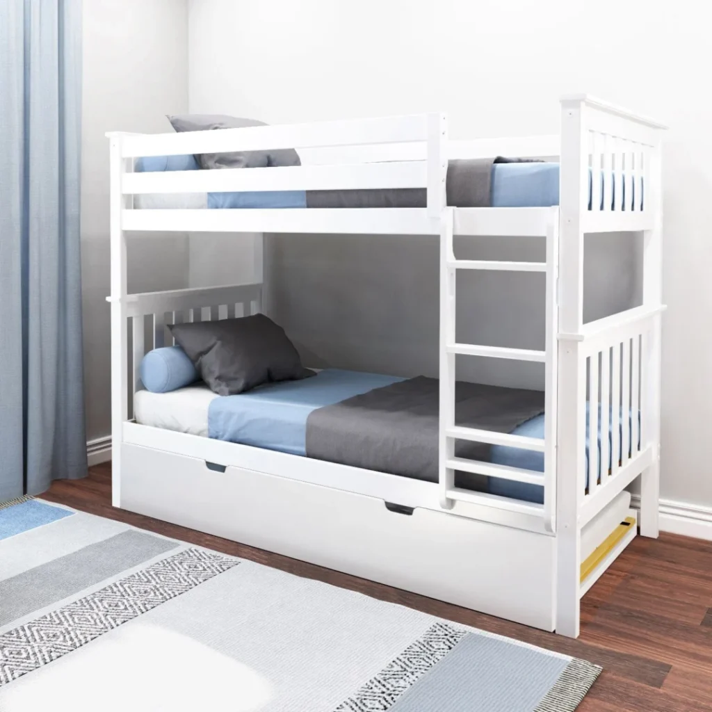 Max and Lily Twin Over Twin Bunk Bed With Trundle in White - angled room scene showing full-length safety guardrails, angled ladder, and the trundle tucked beneath the lower bunk