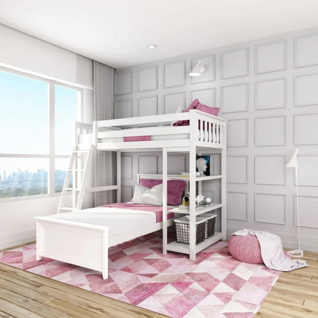 Max and Lily Twin Over Twin L-Shaped Bunk Bed With Bookcase in White - styled kids room with the loft bed over a perpendicular twin bed, angled ladder, and bookcase shelves holding wire baskets on a pink geometric rug