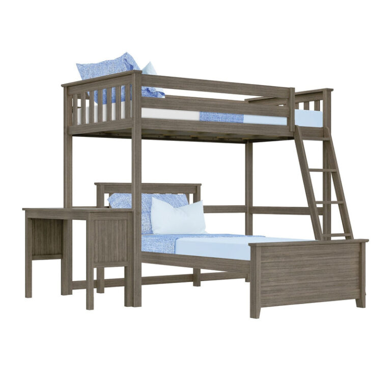 Max and Lily Twin Over Twin L-Shaped Bunk Bed With Desk in Clay - angled studio view with mattresses, pillows, ladder and desk on a white background.