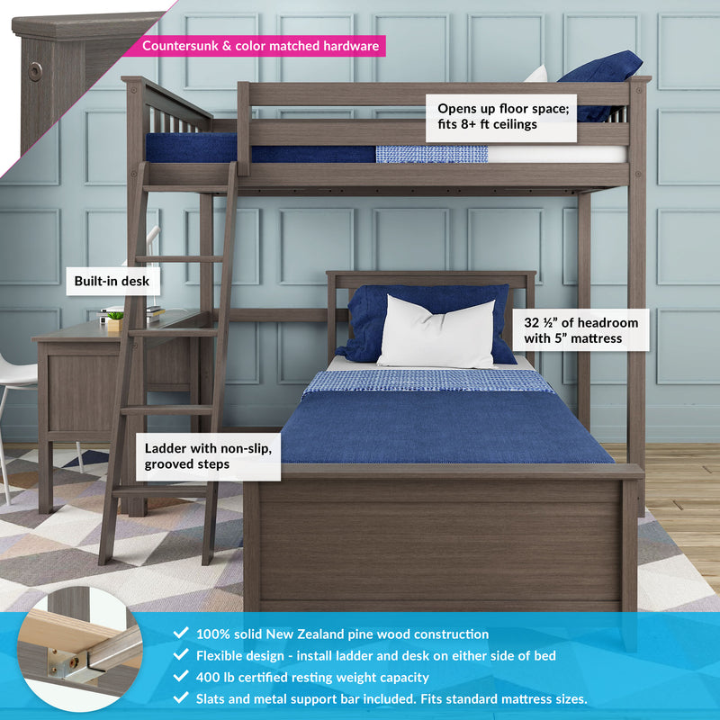 Max and Lily Twin Over Twin L-Shaped Bunk Bed With Desk in Clay - labeled feature callouts pointing out the built-in desk, non-slip grooved ladder steps, 32.5 inches of headroom and 400 lb weight capacity.