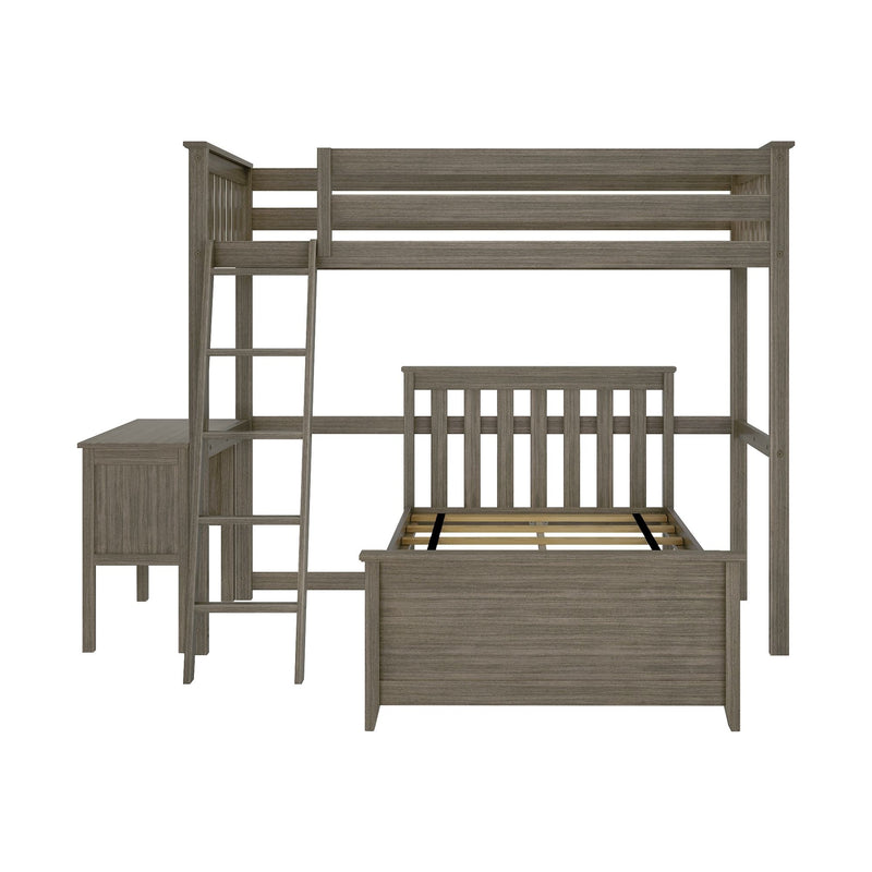 Max and Lily Twin Over Twin L-Shaped Bunk Bed With Desk in Clay - front view of the bare frame showing the slats, guardrail, ladder and attached desk on a white background.