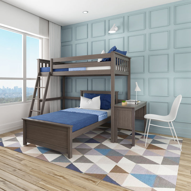 Max and Lily Twin Over Twin L-Shaped Bunk Bed With Desk in Clay - full bedroom scene showing the loft bunk, attached desk, ladder and white chair against a blue paneled wall.