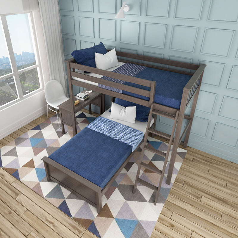 Max and Lily Twin Over Twin L-Shaped Bunk Bed With Desk in Clay - overhead bedroom scene showing the L-shaped layout of the loft bed, lower bed and desk on a patterned rug.