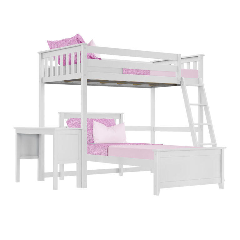 Max and Lily Twin Over Twin L-Shaped Bunk Bed With Desk in White - angled view on a white background showing the upper bunk with guardrails, lower bed, ladder, and attached desk.