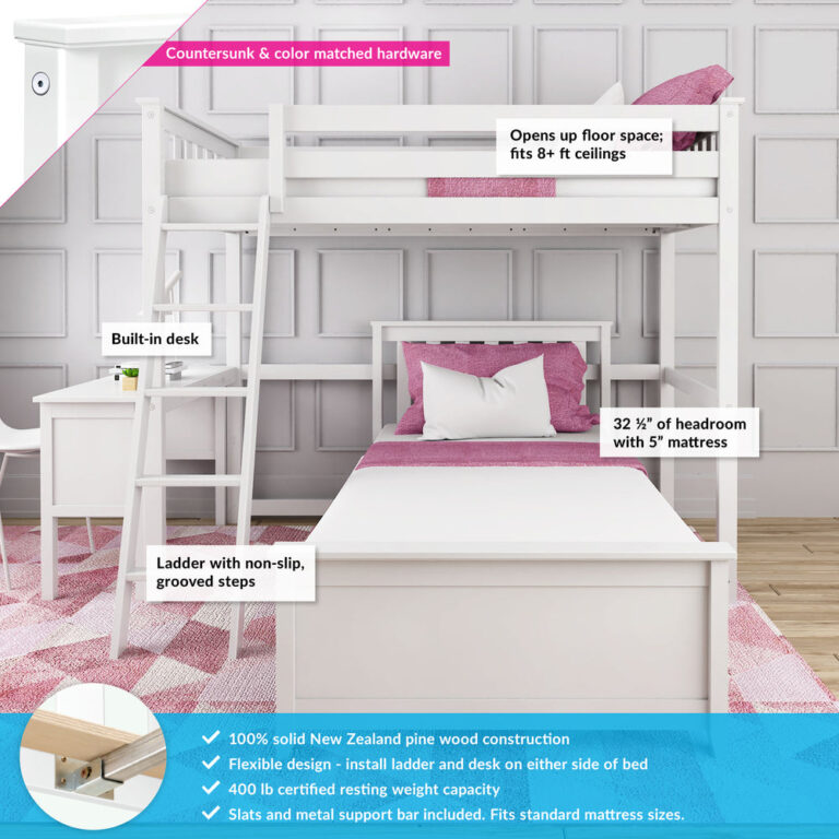 Max and Lily Twin Over Twin L-Shaped Bunk Bed With Desk in White - labeled diagram highlighting the built-in desk, non-slip grooved ladder, headroom, solid pine construction, and 400 lb weight capacity.