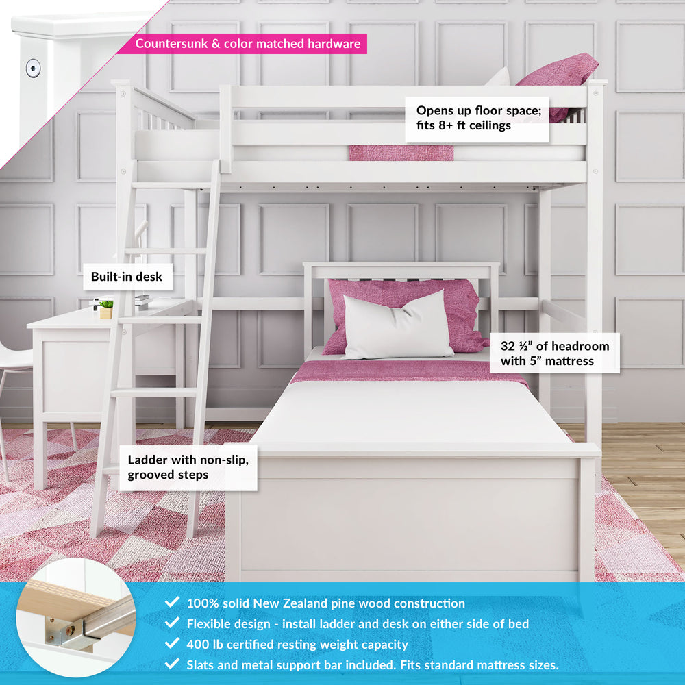 Max and Lily Twin Over Twin L-Shaped Bunk Bed With Desk in White - labeled diagram highlighting the built-in desk, non-slip grooved ladder, headroom, solid pine construction, and 400 lb weight capacity.