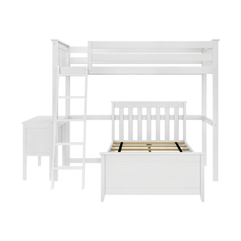 Max and Lily Twin Over Twin L-Shaped Bunk Bed With Desk in White - front view on a white background showing the exposed slats, headboard, ladder, and side desk.