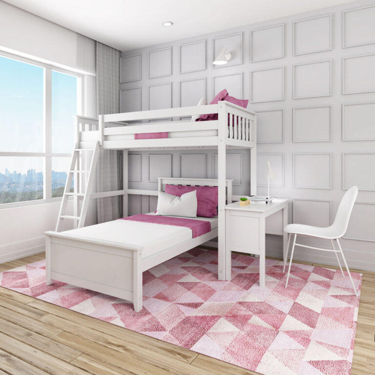 Max and Lily Twin Over Twin L-Shaped Bunk Bed With Desk in White - styled in a bedroom with a window, pink patterned rug, and the built-in desk paired with a chair.