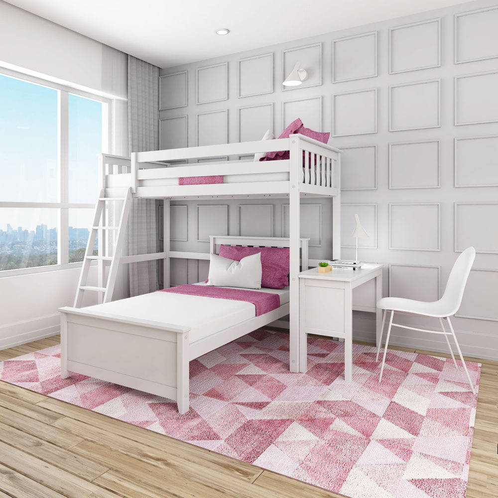 Max and Lily Twin Over Twin L-Shaped Bunk Bed With Desk in White - styled in a bedroom with a window, pink patterned rug, and the built-in desk paired with a chair.