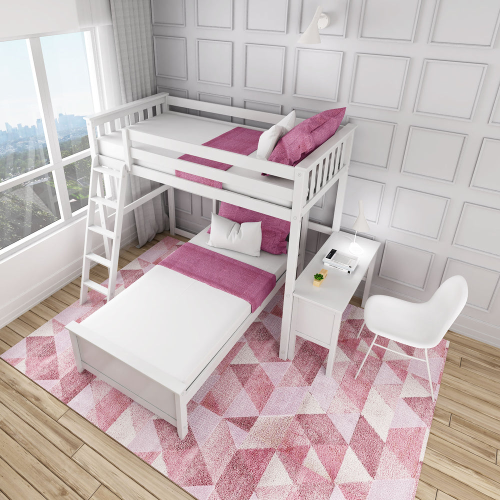 Max and Lily Twin Over Twin L-Shaped Bunk Bed With Desk in White - overhead room view showing both beds made up with pink bedding, the ladder, and the desk with a chair.