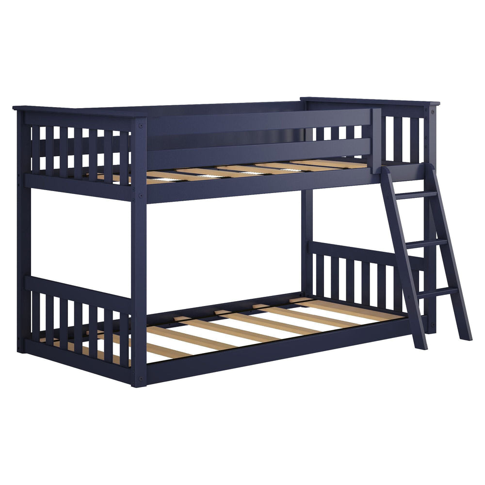 Max And Lily Twin over Twin Low Bunk Bed in Blue - angle view of the bare frame showing wood slat foundations, full-length guardrails and angled ladder