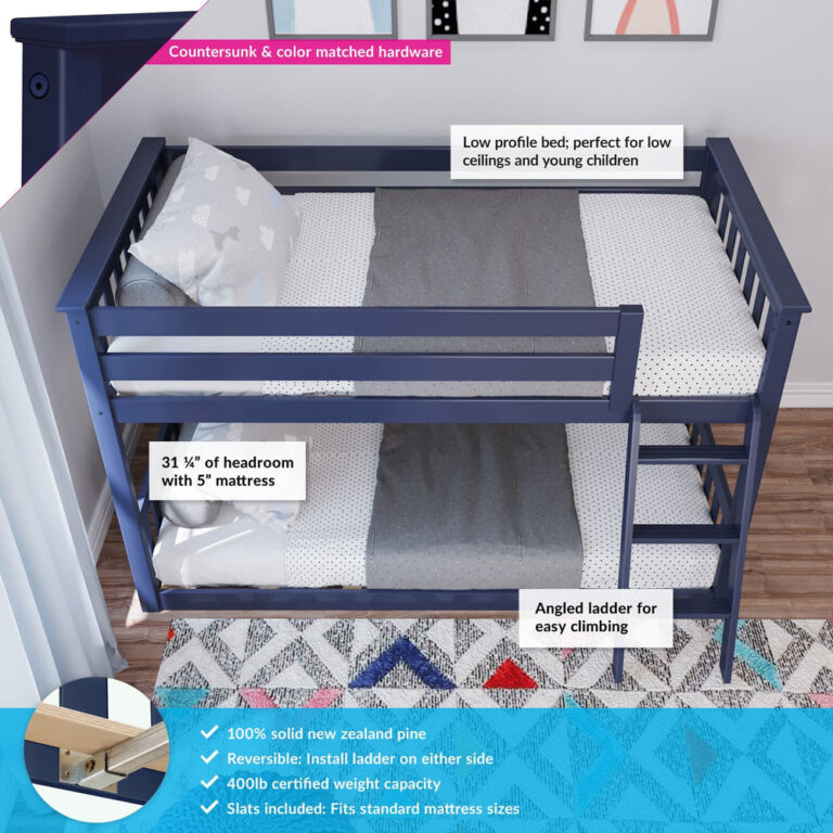 Max And Lily Twin over Twin Low Bunk Bed in blue - feature callouts highlighting the low-profile height, angled ladder, headroom with a mattress, solid pine build and weight capacity