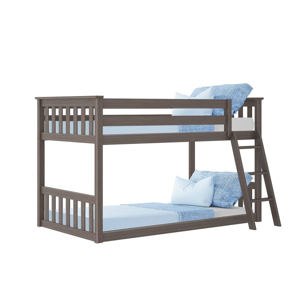 Max And Lily Twin over Twin Low Bunk Bed in clay - angled view showing the slatted headboards, top bunk safety guardrails and hook-on angled ladder with blue bedding