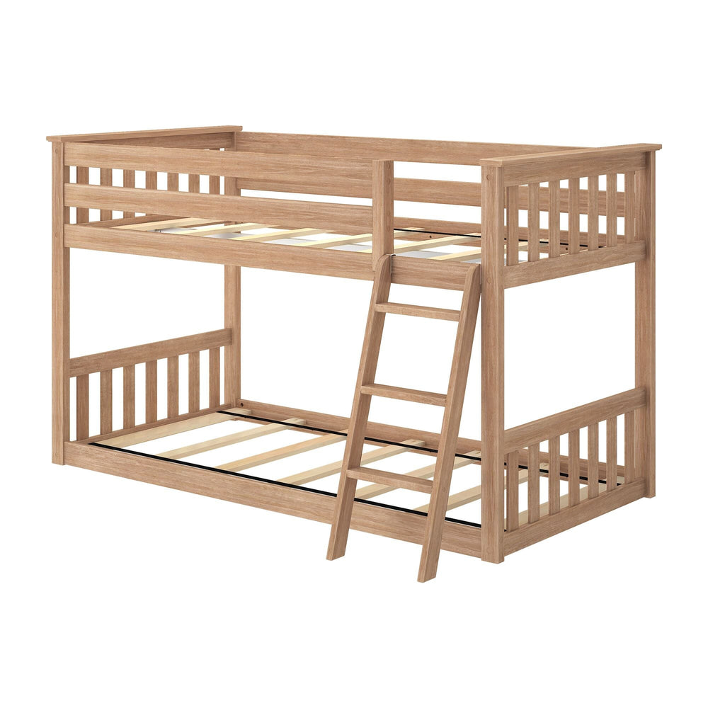 Max And Lily Twin over Twin Low Bunk Bed in Pecan - angled studio view showing slatted bunk foundations, slat-style guardrails and the angled ladder, no mattresses