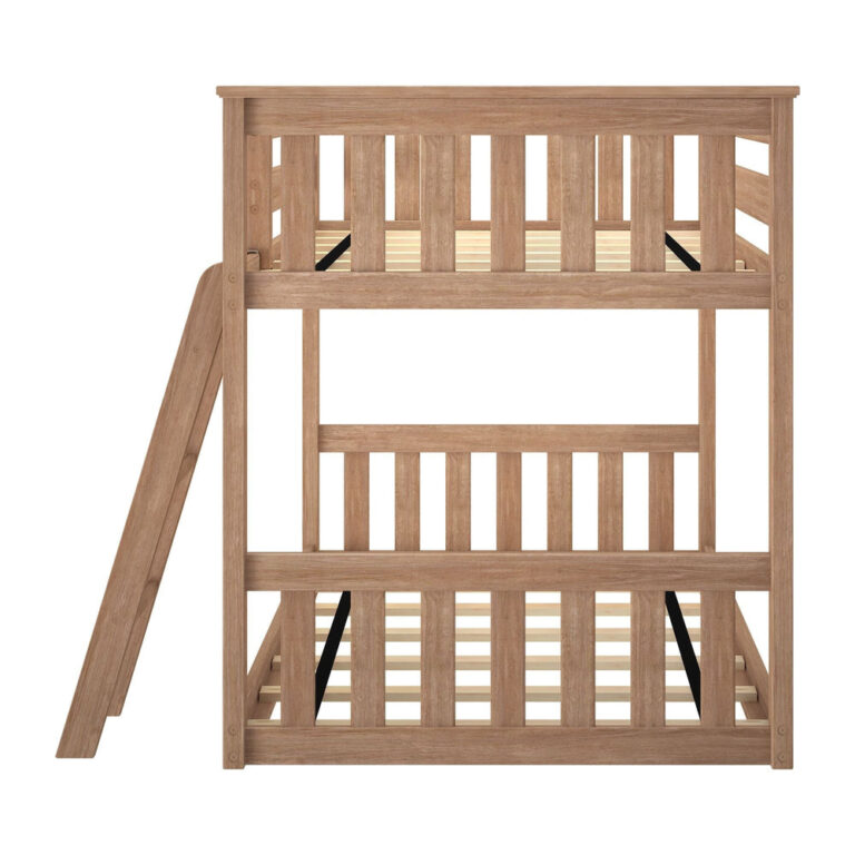 Max And Lily Twin over Twin Low Bunk Bed in Pecan - end view of the slatted headboard panels with wooden slat foundations and ladder in profile