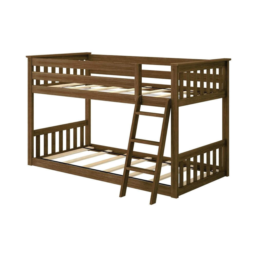 Max And Lily Twin over Twin Low Bunk Bed in Walnut - angle view showing slatted guardrails, wood slat foundations, and angled ladder