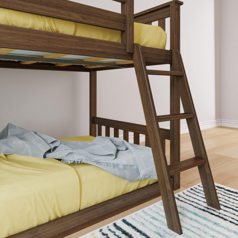 Max And Lily Twin over Twin Low Bunk Bed in Walnut - closeup of the solid wood angled ladder beside the lower bunk