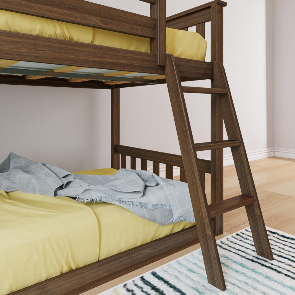 Max And Lily Twin over Twin Low Bunk Bed in Walnut - closeup of the solid wood angled ladder beside the lower bunk