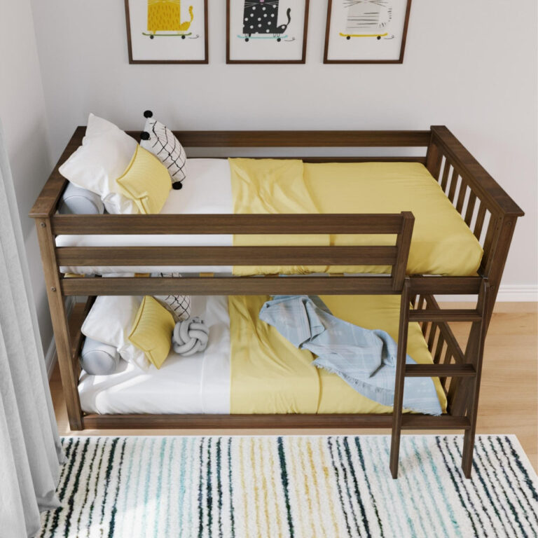 Max And Lily Twin over Twin Low Bunk Bed in Walnut - overhead view of both twin bunks made up with yellow bedding and guardrails in a kids room