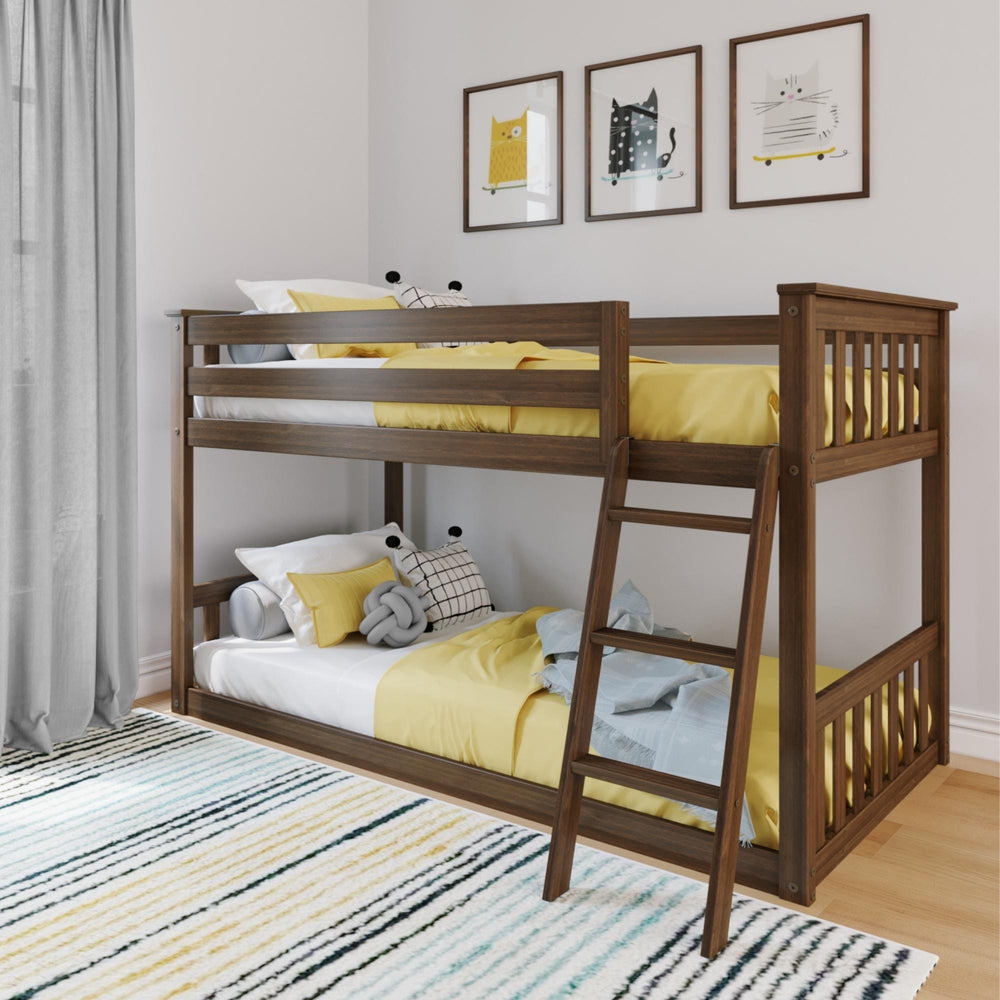 Max And Lily Twin over Twin Low Bunk Bed in Walnut - low bunk bed with safety guardrails and angled ladder styled with yellow bedding in a kids room