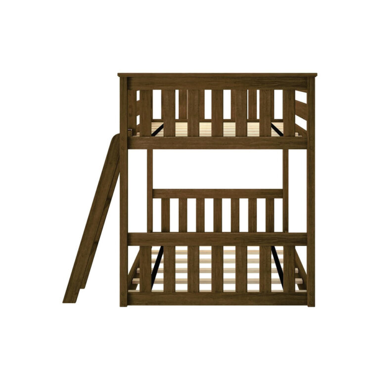 Max And Lily Twin over Twin Low Bunk Bed in Walnut - side profile showing the low overall height, slatted bed ends, and angled ladder