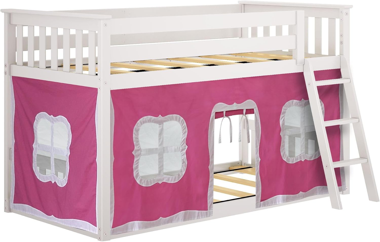Max And Lily Twin Over Twin Low Bunk Bed With Curtain Angle View Max and Lily Twin Over Twin Low Bunk Bed With Curtain - angled view of the white bunk bed fitted with a pink and white playhouse curtain and angled ladder