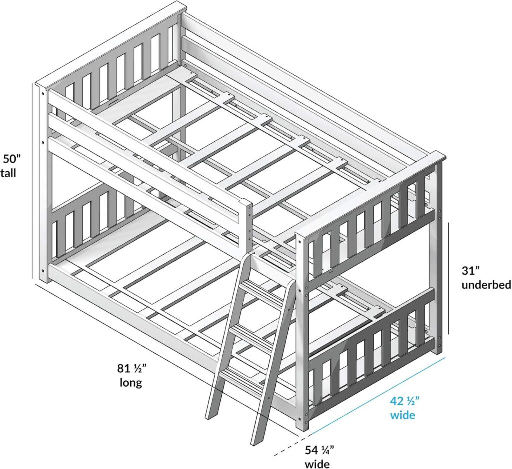 Max And Lily Twin Over Twin Low Bunk Bed With Curtain Dimensions Diagram 1 Max and Lily Twin Over Twin Low Bunk Bed With Curtain - line diagram showing the dimensions of fifty inches tall, eighty-one and a half inches long, and thirty-one inches of underbed clearance with the angled ladder