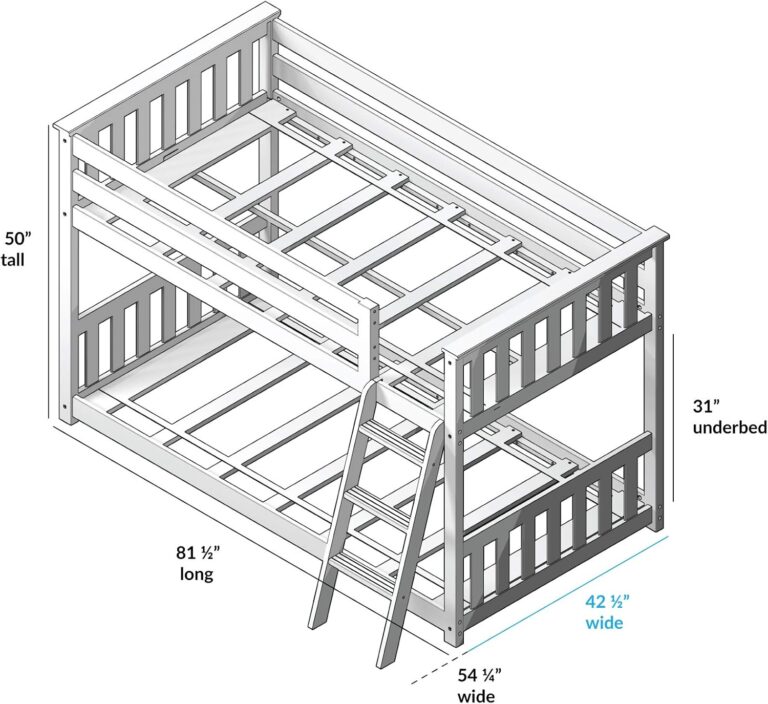 Max And Lily Twin Over Twin Low Bunk Bed With Curtain Dimensions Diagram 1 Max and Lily Twin Over Twin Low Bunk Bed With Curtain - line diagram showing the dimensions of fifty inches tall, eighty-one and a half inches long, and thirty-one inches of underbed clearance with the angled ladder
