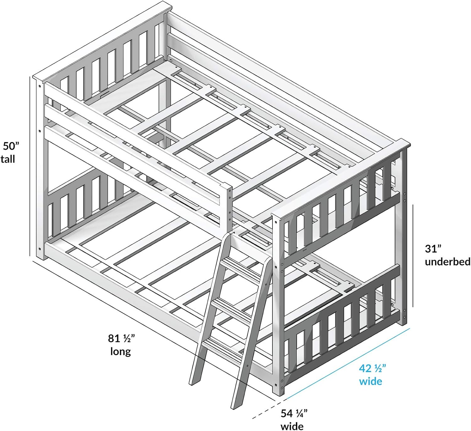 Max And Lily Twin Over Twin Low Bunk Bed With Curtain Dimensions Diagram 1 Max and Lily Twin Over Twin Low Bunk Bed With Curtain - line diagram showing the dimensions of fifty inches tall, eighty-one and a half inches long, and thirty-one inches of underbed clearance with the angled ladder