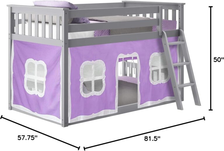 Max And Lily Twin Over Twin Low Bunk Bed With Curtain Dimensions Diagram 15 Max and Lily Twin Over Twin Low Bunk Bed With Curtain - dimensions diagram showing 81.5 inch length, 57.75 inch width and 50 inch height, with purple and white play tent curtains and an angled ladder