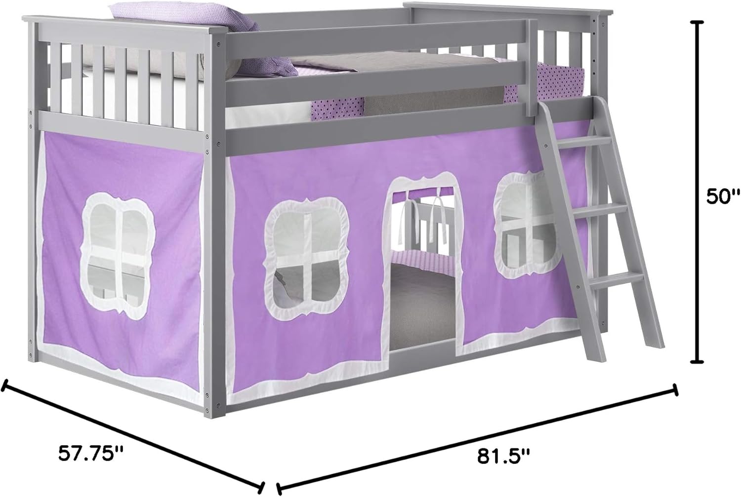 Max And Lily Twin Over Twin Low Bunk Bed With Curtain Dimensions Diagram 15 Max and Lily Twin Over Twin Low Bunk Bed With Curtain - dimensions diagram showing 81.5 inch length, 57.75 inch width and 50 inch height, with purple and white play tent curtains and an angled ladder