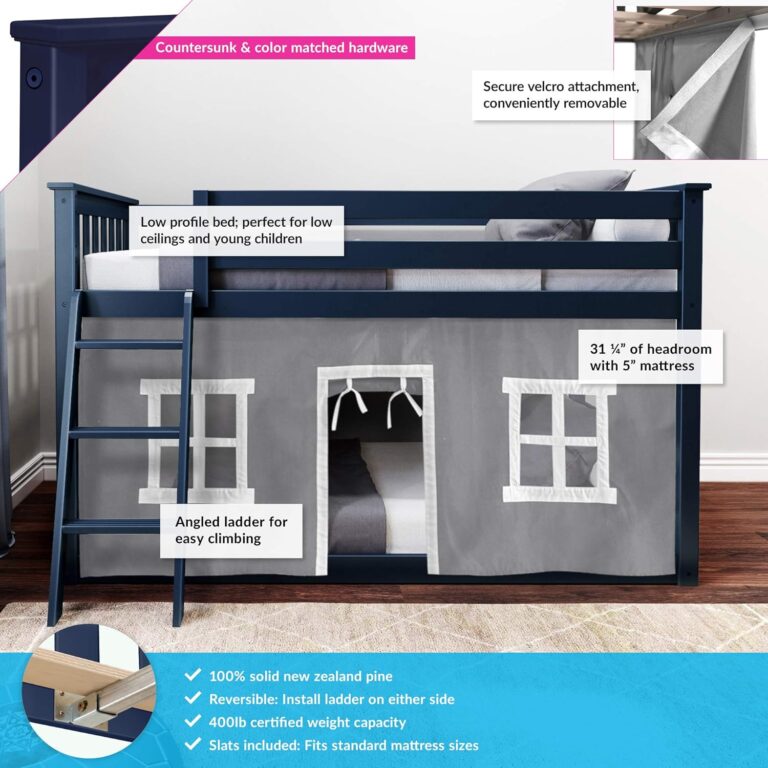 Max And Lily Twin Over Twin Low Bunk Bed With Curtain Features Diagram 6 Max and Lily Twin Over Twin Low Bunk Bed With Curtain - annotated feature diagram noting the low profile design, headroom, weight capacity, and removable velcro playhouse curtain