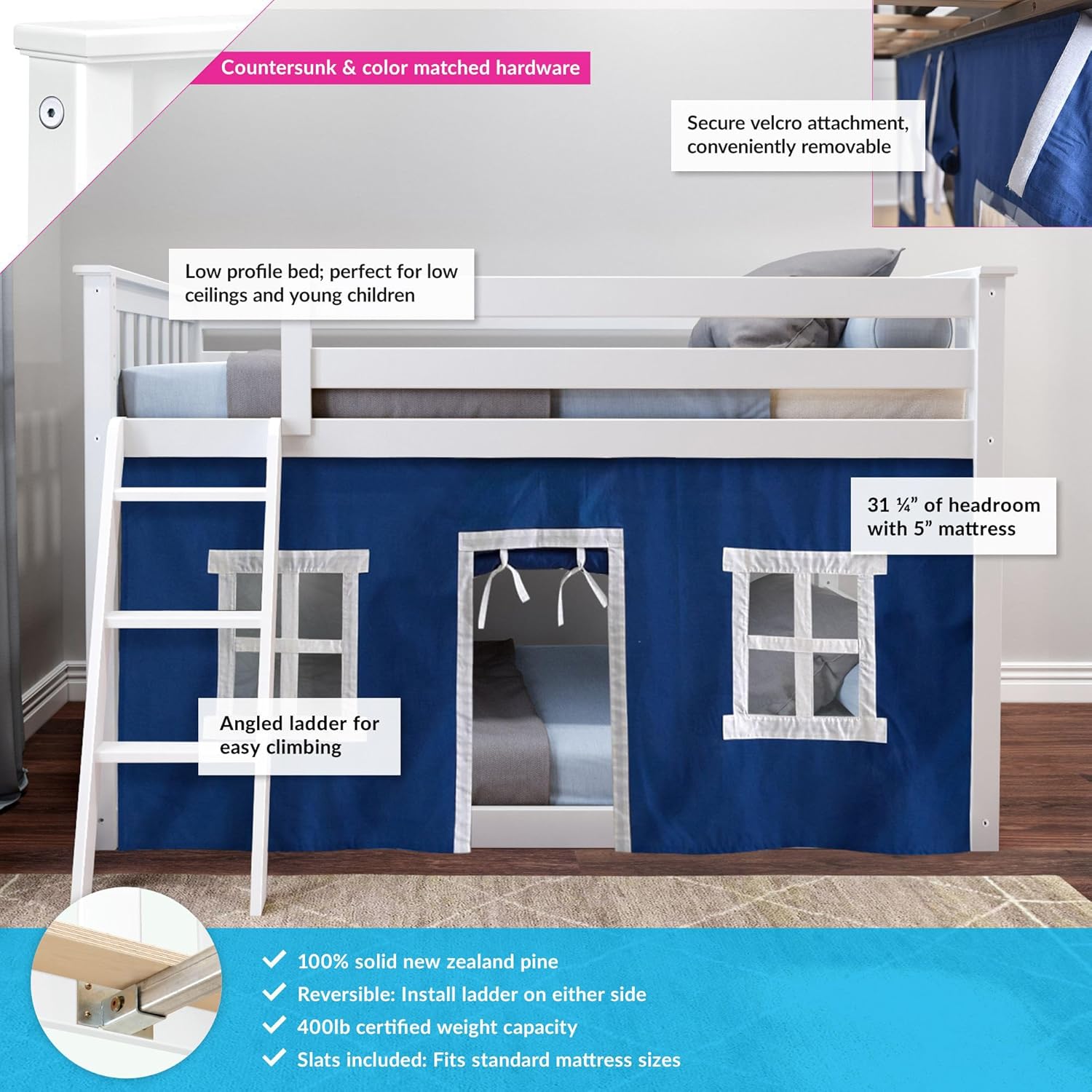 Max And Lily Twin Over Twin Low Bunk Bed With Curtain Features Diagram 7 Max and Lily Twin Over Twin Low Bunk Bed With Curtain - annotated feature diagram of the white bunk bed with a blue playhouse curtain showing headroom, weight capacity, and velcro attachment