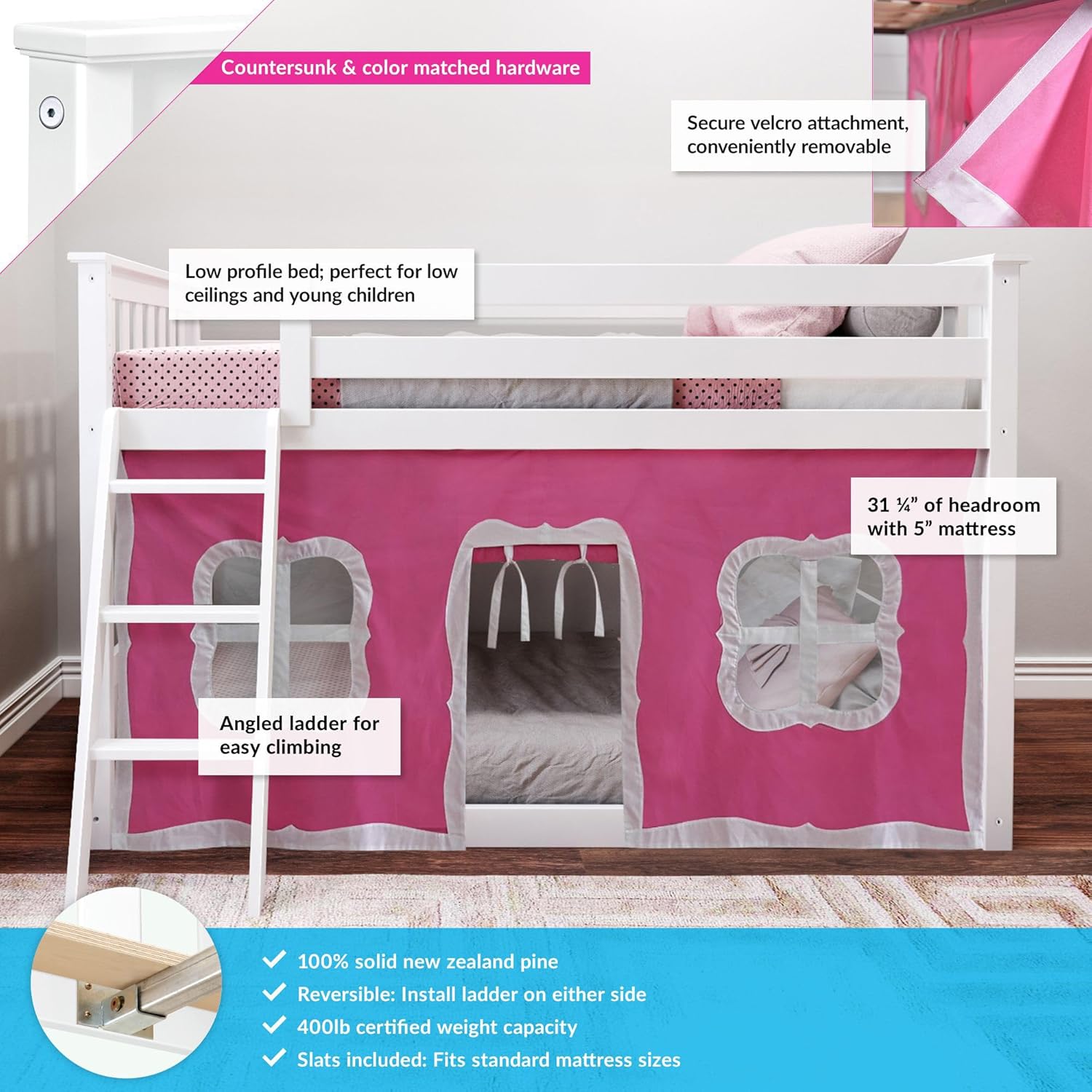 Max And Lily Twin Over Twin Low Bunk Bed With Curtain Features Diagram 8 Max and Lily Twin Over Twin Low Bunk Bed With Curtain - annotated feature diagram of the white bunk bed with a pink playhouse curtain highlighting the low profile, headroom, and weight capacity