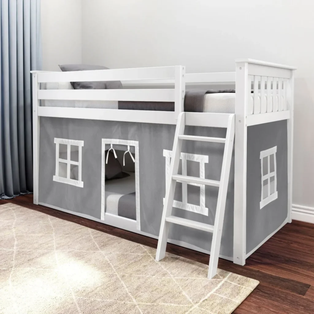 Max and Lily Twin Over Twin Low Bunk Bed With Curtain in Grey/White - bedroom scene with playhouse curtain featuring window and door openings, angled ladder and safety guardrails