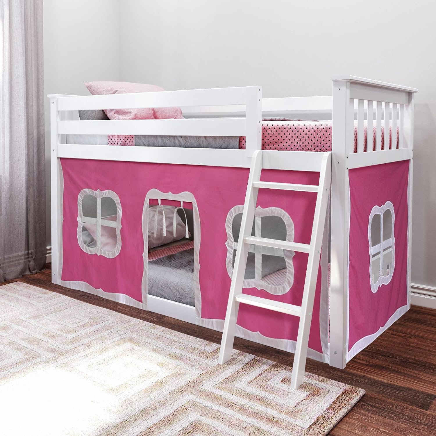 Max And Lily Twin Over Twin Low Bunk Bed With Curtain Room Scene 11 Max and Lily Twin Over Twin Low Bunk Bed With Curtain - white bunk bed with a pink playhouse curtain and angled ladder in a styled bedroom setting