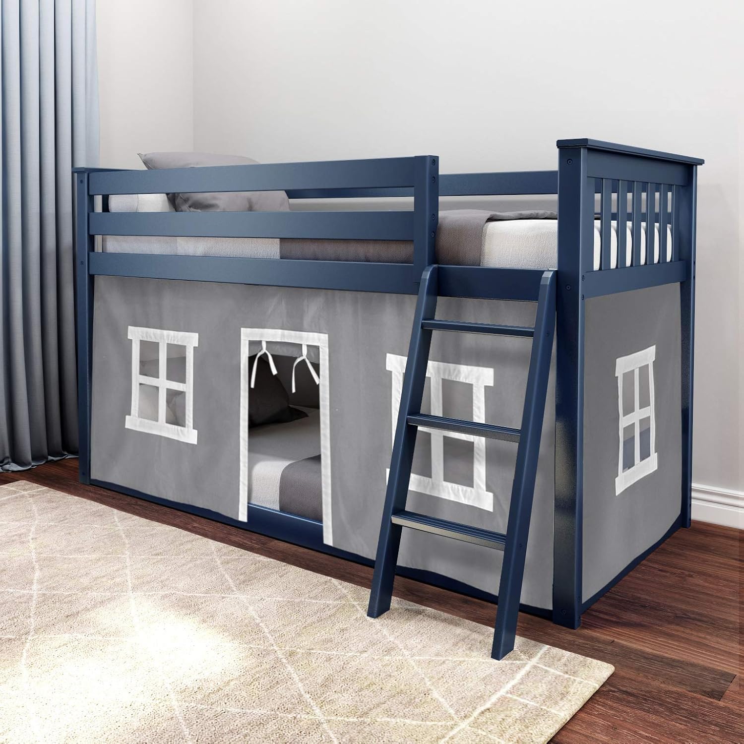 Max And Lily Twin Over Twin Low Bunk Bed With Curtain Room Scene 5 Max and Lily Twin Over Twin Low Bunk Bed With Curtain - navy blue bunk bed with a grey playhouse curtain and angled ladder set in a bedroom