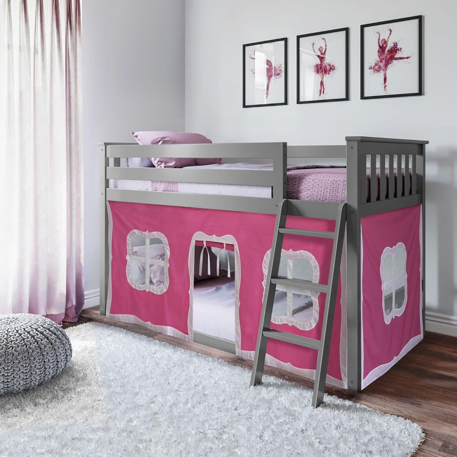 Max And Lily Twin Over Twin Low Bunk Bed With Curtain Room Scene 9 Max and Lily Twin Over Twin Low Bunk Bed With Curtain - grey bunk bed with a pink playhouse curtain styled in a child's bedroom with ballerina wall art