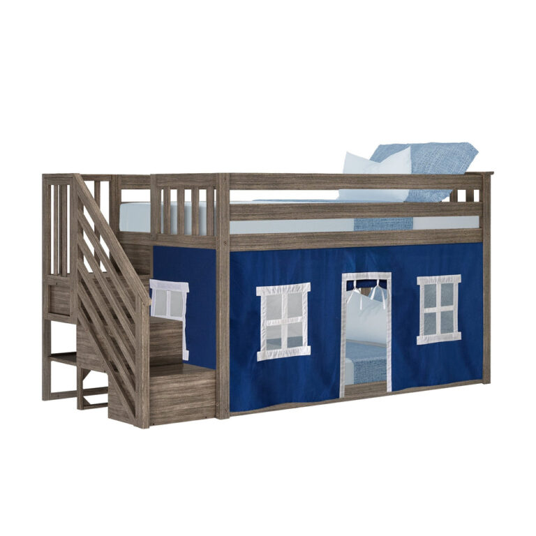 Max And Lily Twin Over Twin Low Bunk Bed With Staircase Curtain Clay Blue White Angle View Max and Lily Twin Over Twin Low Bunk Bed With Staircase & Curtain in Clay Blue/White - angle view showing the staircase and blue tent with playhouse windows
