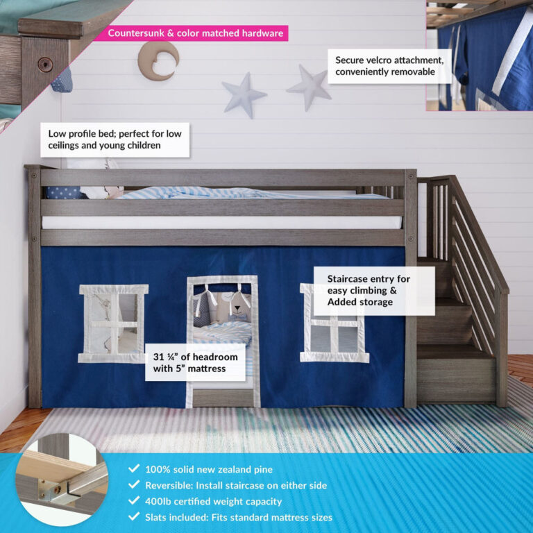 Max And Lily Twin Over Twin Low Bunk Bed With Staircase Curtain Clay Blue White Features Overview Max and Lily Twin Over Twin Low Bunk Bed With Staircase & Curtain in Clay Blue/White - features overview highlighting countersunk hardware, removable velcro curtain, low profile design, headroom, and staircase storage