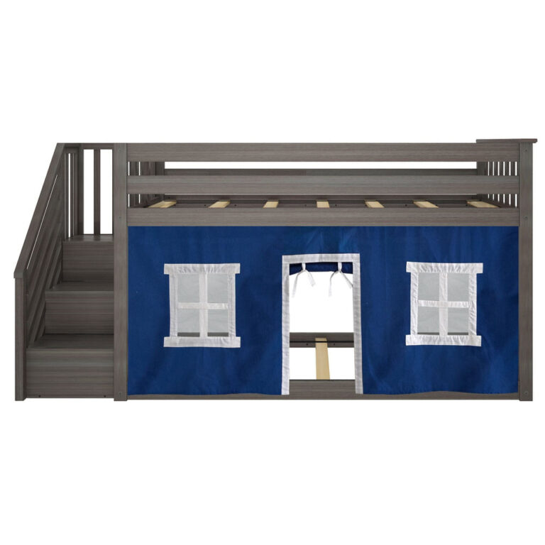 Max And Lily Twin Over Twin Low Bunk Bed With Staircase Curtain Clay Blue White Front View Max and Lily Twin Over Twin Low Bunk Bed With Staircase & Curtain in Clay Blue/White - front view showing the blue playhouse curtain with white-trimmed windows