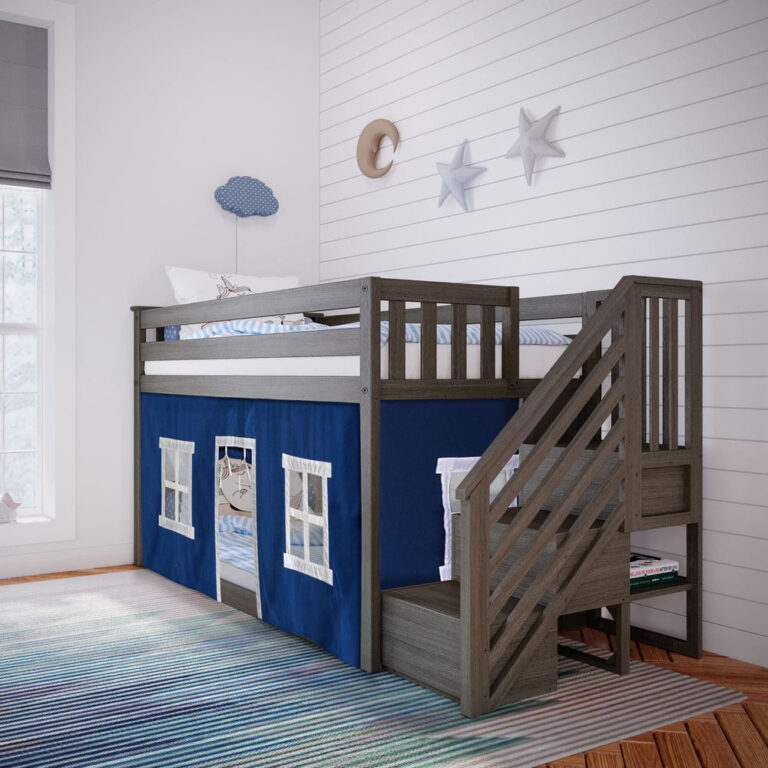 Max And Lily Twin Over Twin Low Bunk Bed With Staircase Curtain Clay Blue White Room Scene Max and Lily Twin Over Twin Low Bunk Bed With Staircase & Curtain in Clay Blue/White - styled kids bedroom scene showing the low bunk bed with staircase and blue playhouse tent with windows