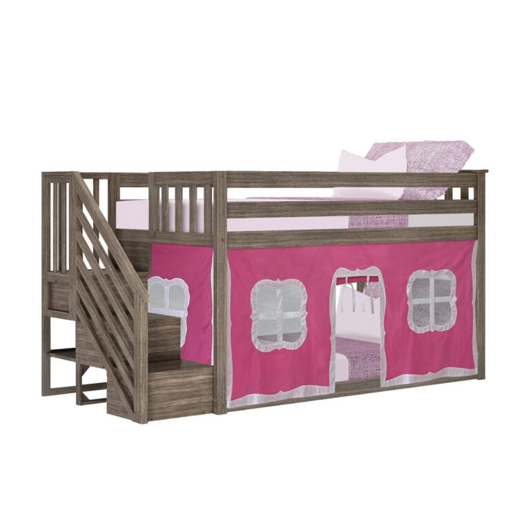 Max And Lily Twin Over Twin Low Bunk Bed With Staircase Curtain Clay Pink White Angle View Max and Lily Twin Over Twin Low Bunk Bed With Staircase & Curtain in Clay Pink/White - angled view showing the reversible staircase with steps, pink and white playhouse tent, and upper bunk guardrails.