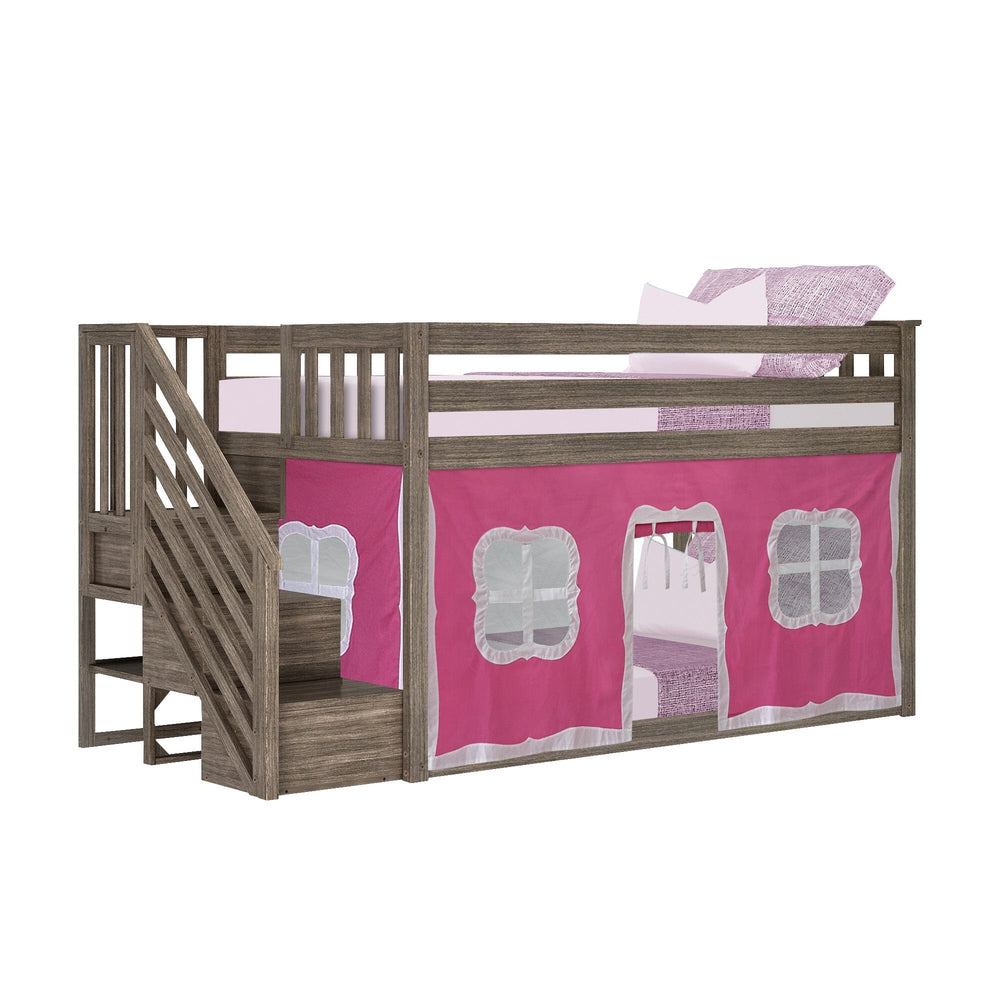 Max and Lily Twin Over Twin Low Bunk Bed With Staircase & Curtain in Clay Pink/White - angled view showing the reversible staircase with steps, pink and white playhouse tent, and upper bunk guardrails.