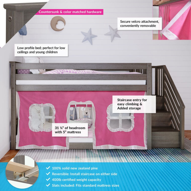 Max And Lily Twin Over Twin Low Bunk Bed With Staircase Curtain Clay Pink White Feature Callouts Max and Lily Twin Over Twin Low Bunk Bed With Staircase & Curtain in Clay Pink/White - annotated feature diagram showing 31 1/4 inch headroom, staircase entry with added storage, removable velcro tent, and 400 lb weight capacity.