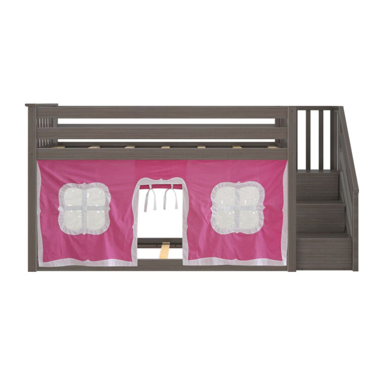 Max And Lily Twin Over Twin Low Bunk Bed With Staircase Curtain Clay Pink White Front View Max and Lily Twin Over Twin Low Bunk Bed With Staircase & Curtain in Clay Pink/White - front view showing the pink and white playhouse tent curtains with fabric windows and a staircase on the right.