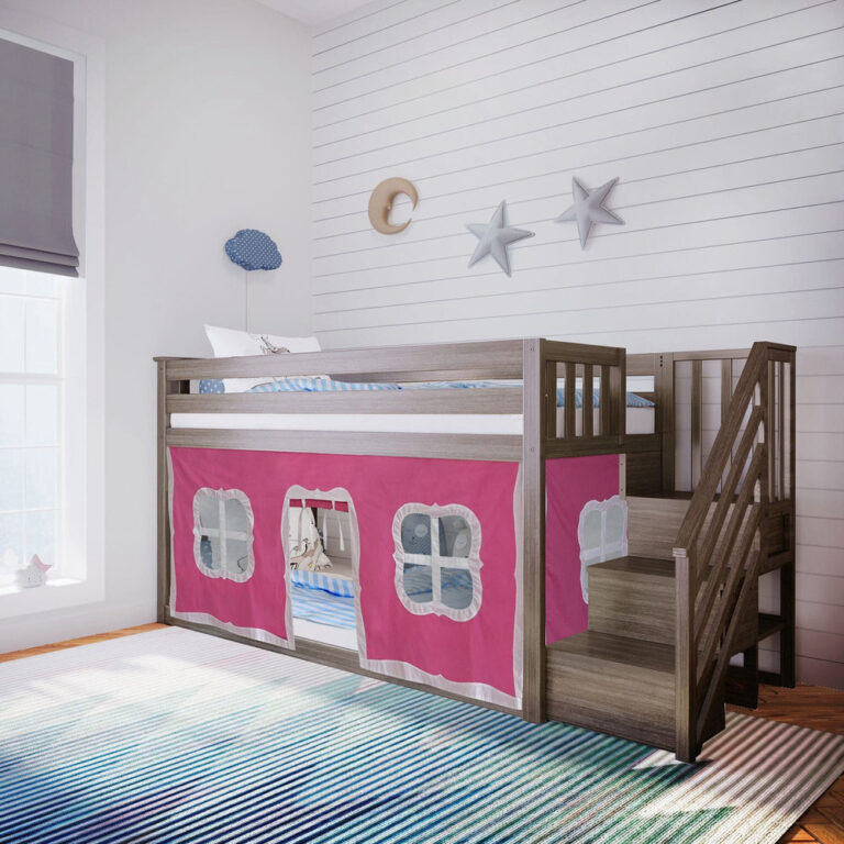 Max And Lily Twin Over Twin Low Bunk Bed With Staircase Curtain Clay Pink White Room Scene Max and Lily Twin Over Twin Low Bunk Bed With Staircase & Curtain in Clay Pink/White - styled in a child's bedroom with pink playhouse tent curtains, staircase entry, and a striped rug.