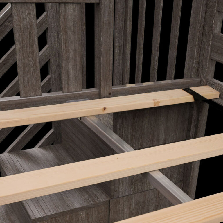 Max And Lily Twin Over Twin Low Bunk Bed With Staircase Curtain Clay Pink White Slat Detail Max and Lily Twin Over Twin Low Bunk Bed With Staircase & Curtain in Clay Pink/White - close-up of the wooden slat support system and frame construction beneath the mattress.