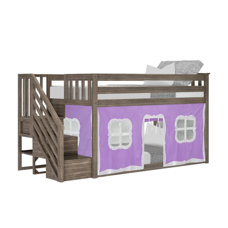 Max And Lily Twin Over Twin Low Bunk Bed With Staircase Curtain Clay Purple White Angle View Max and Lily Twin Over Twin Low Bunk Bed With Staircase & Curtain in Clay Purple/White - angled view of the low bunk bed with purple castle curtain windows and side staircase.
