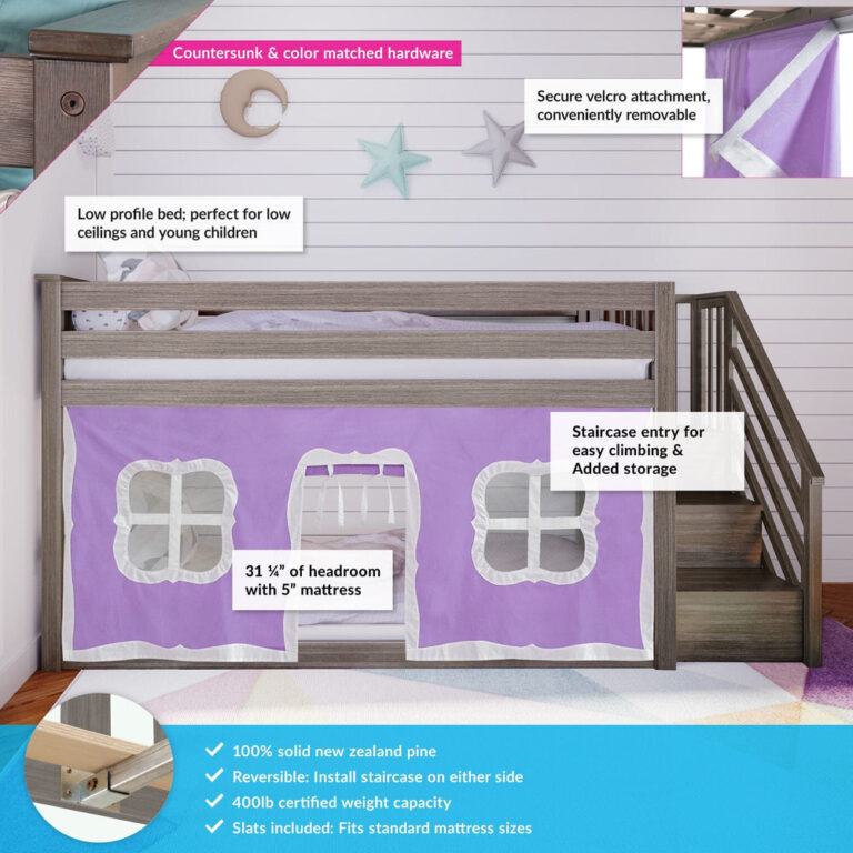 Max And Lily Twin Over Twin Low Bunk Bed With Staircase Curtain Clay Purple White Features Diagram Max and Lily Twin Over Twin Low Bunk Bed With Staircase & Curtain in Clay Purple/White - annotated feature callouts noting the low-profile design, staircase entry with storage, velcro-attached curtain, and 400lb weight capacity.